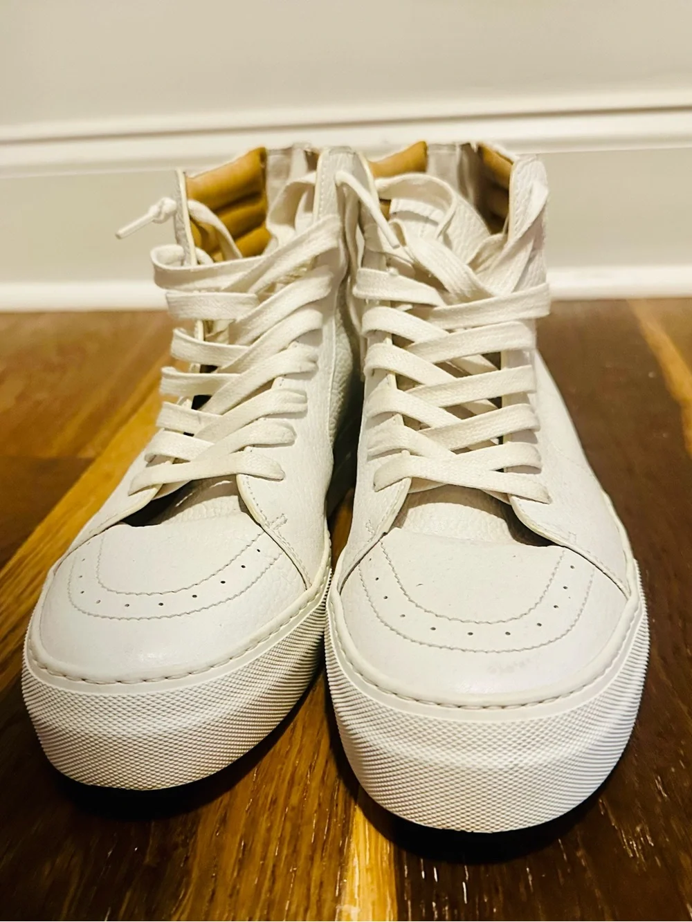 Buscemi 140mm White High-Top Leather Sneakers with Tan Lining Size 9/42
